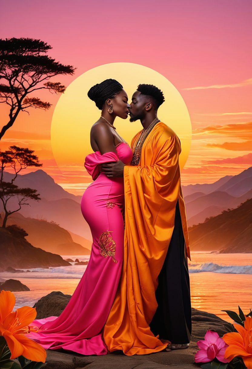 A vibrant collage illustrating diverse Black adults engaged in authentic expressions of intimacy and culture, featuring a serene sunset backdrop with colors radiating warmth. Symbolize cultural impact through iconic symbols and traditional attire blending into the scene, highlighting joy and authenticity. Include elements like art, music, and literature. vividly colored. modern artistic style.