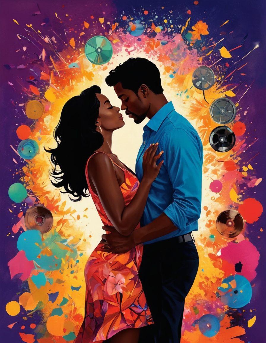 A captivating collage depicting elements of sensuality in vibrant, alluring colors. Include silhouettes of diverse couples in intimate poses, surrounded by artistic representations of adult media, such as film reels and magazine covers. Integrate motifs of celebration, like confetti or fireworks, to symbolize empowerment and joy. The background should be rich and warm, enhancing the feeling of desire and allure. super-realistic. vibrant colors. abstract patterns.